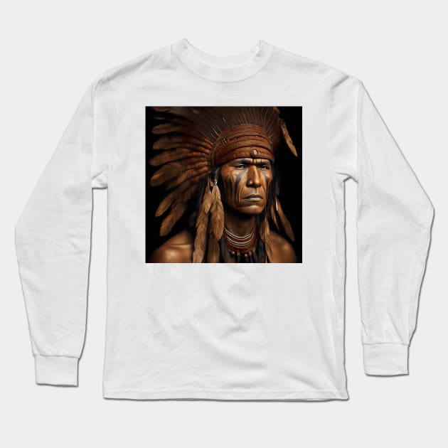 [AI Art] Proud Native American Man With Headdress Long Sleeve T-Shirt by Sissely